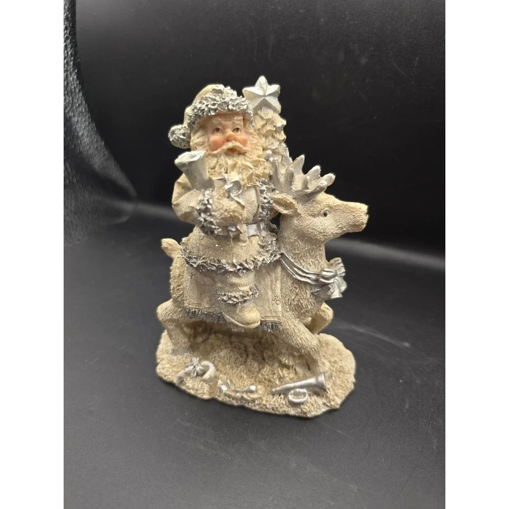 Santa On A  Deer Beautiful Shimmering Silver White Cornerstone Creations